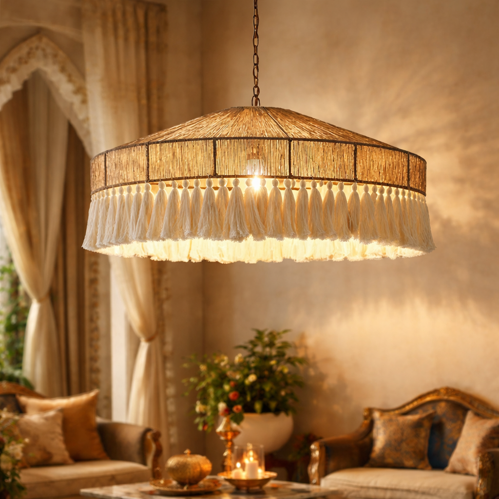 Handmade round Rattan hanging light with Macrame Fringe