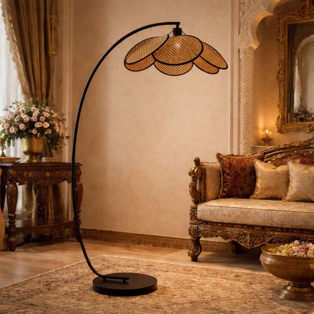 modern rattan floor lamp with an arched metal stand and woven rattan shade.