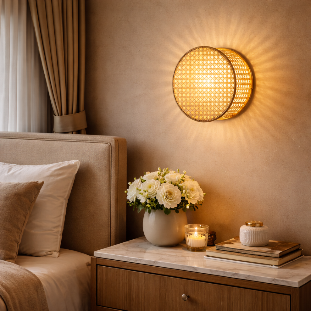 Boho style round cane wall lamp
