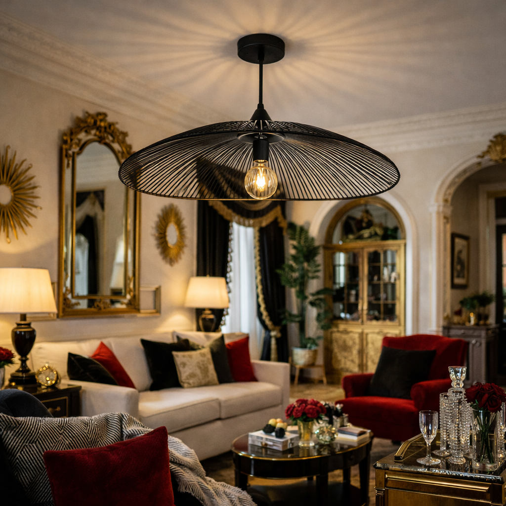 Modern Black Light Pendant Decorative Shade with Curved raffia Ceiling Lighting | WL-1q