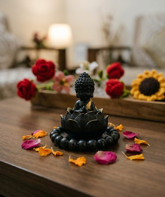 The Nirvana Serenity Set – Handcrafted Buddha Idol with Lotus Diya & Beaded Tray