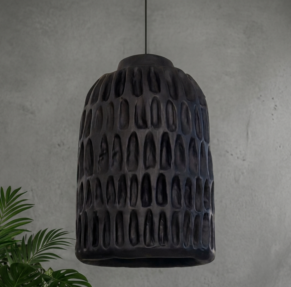 Handcrafted Charcoal Papier-Mache Pendant Light Fluted Dome Ceiling Lamp