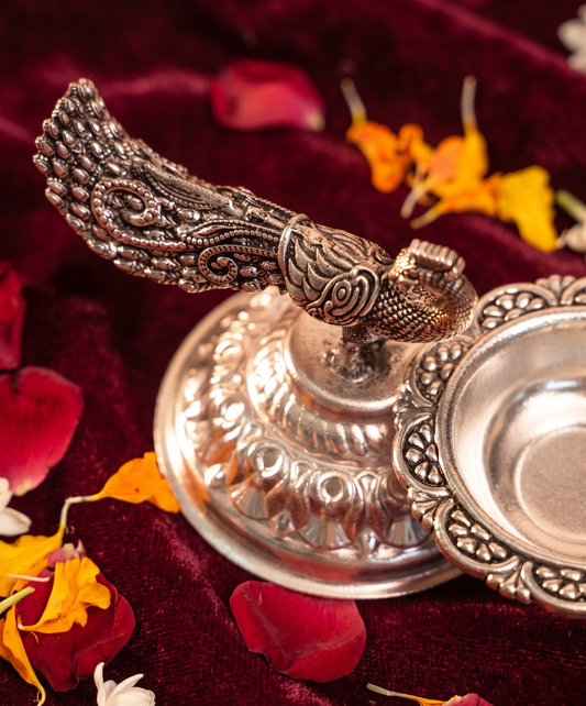 Silver Plated Brass Peacock Diya for Puja & Festive Decor | Handcrafted Mayur Oil Lamp