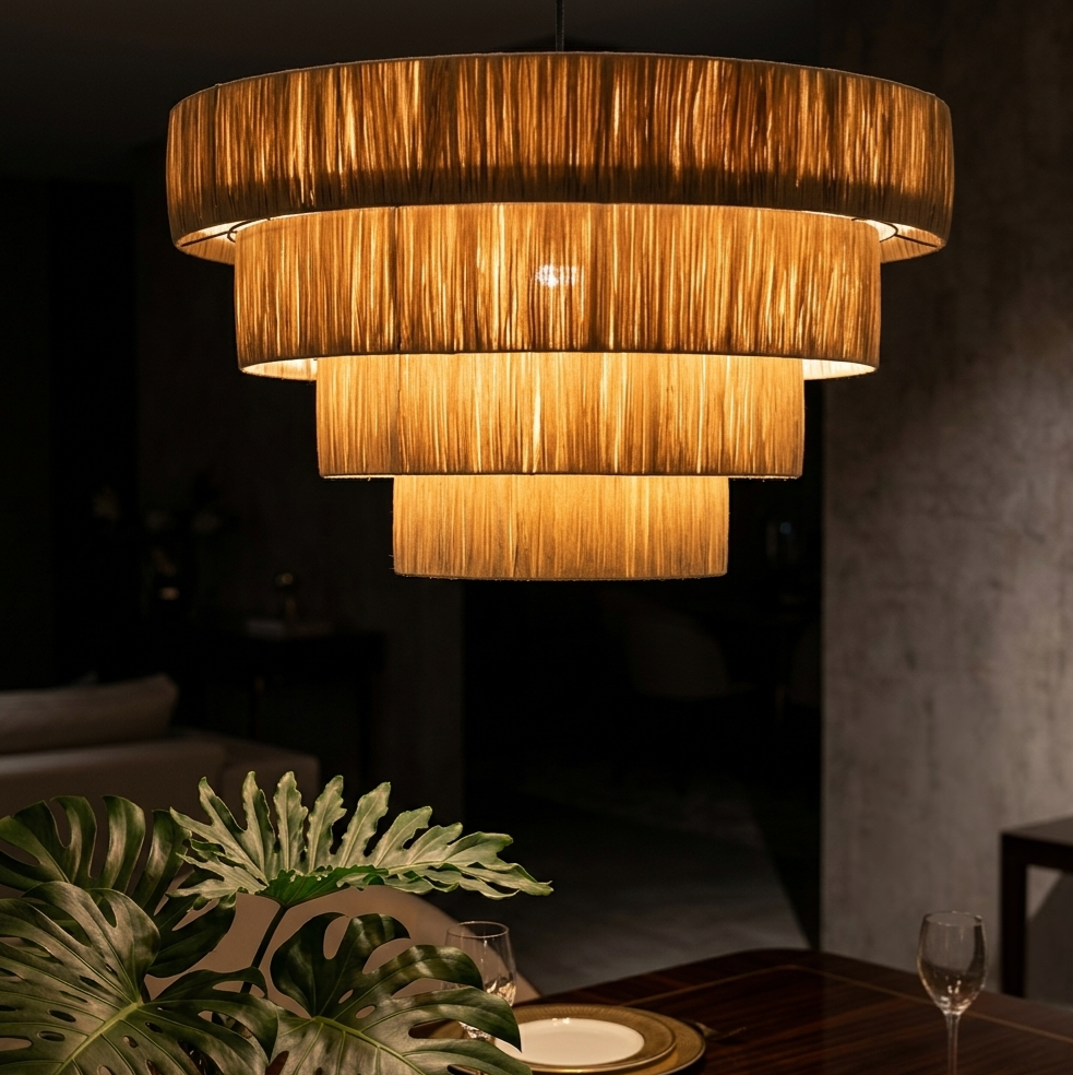 Handcrafted Multi-Tiered Natural Raffia Statement Pendant Light