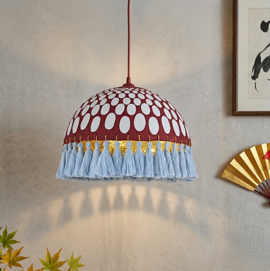 Artisanal Papier-Mache Dome Pendant Light with Silk Tassel Fringe