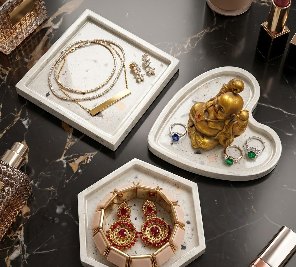 4 Piece Combo Premium Terrazzo Vanity & Pooja Tray Set