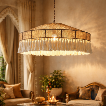 Handmade round Rattan hanging light with Macrame Fringe