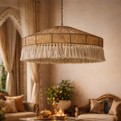 Handmade round Rattan hanging light with Macrame Fringe
