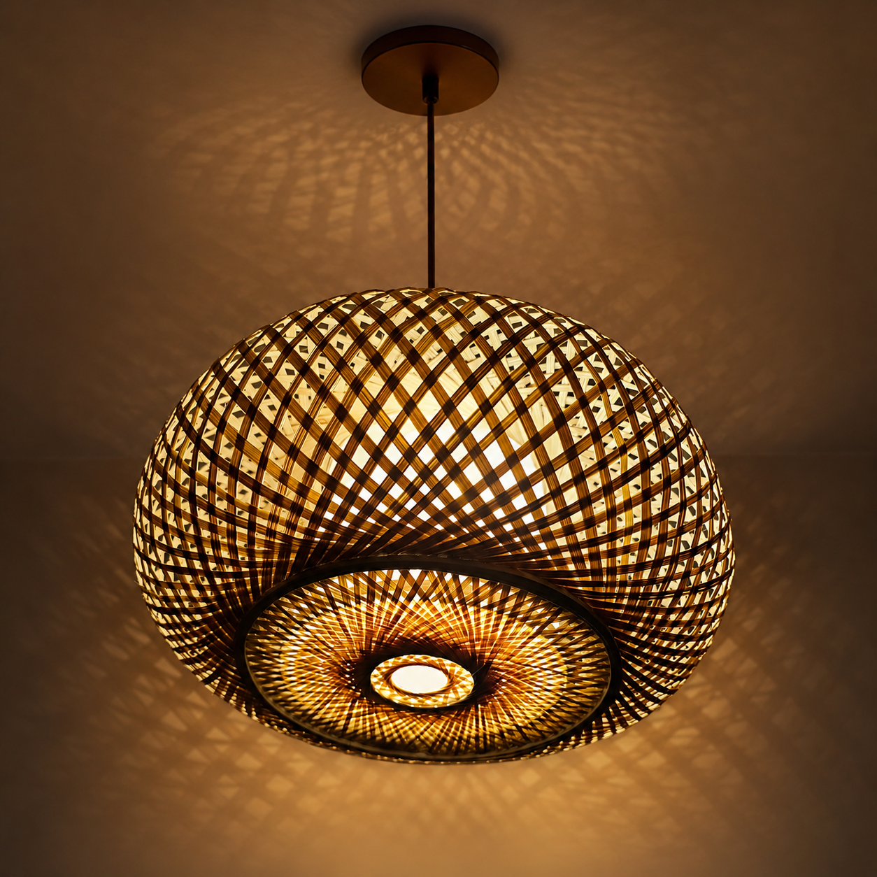 Rustic Bamboo Round Ceiling Lamp for Restaurant & Cafe