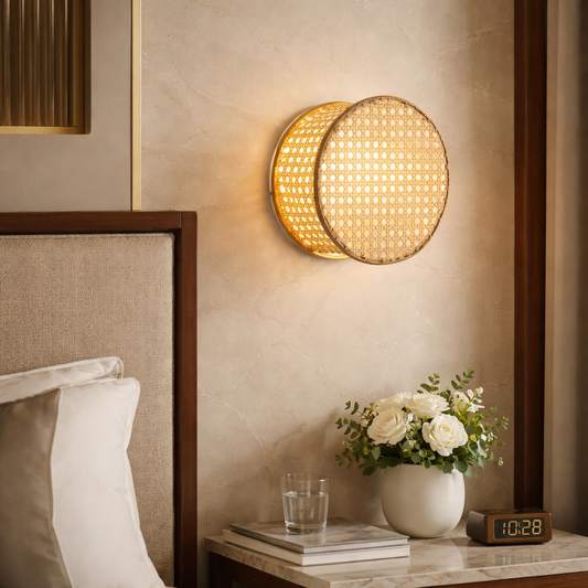 Boho style round cane wall lamp