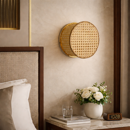 Boho style round cane wall lamp