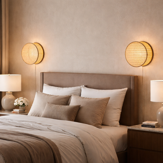 Boho style round cane wall lamp