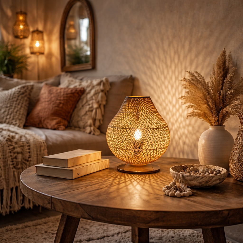 Handcrafted Table Lamp | Rattan Woven Lamp Shade | Boho Style lamp WL-2b