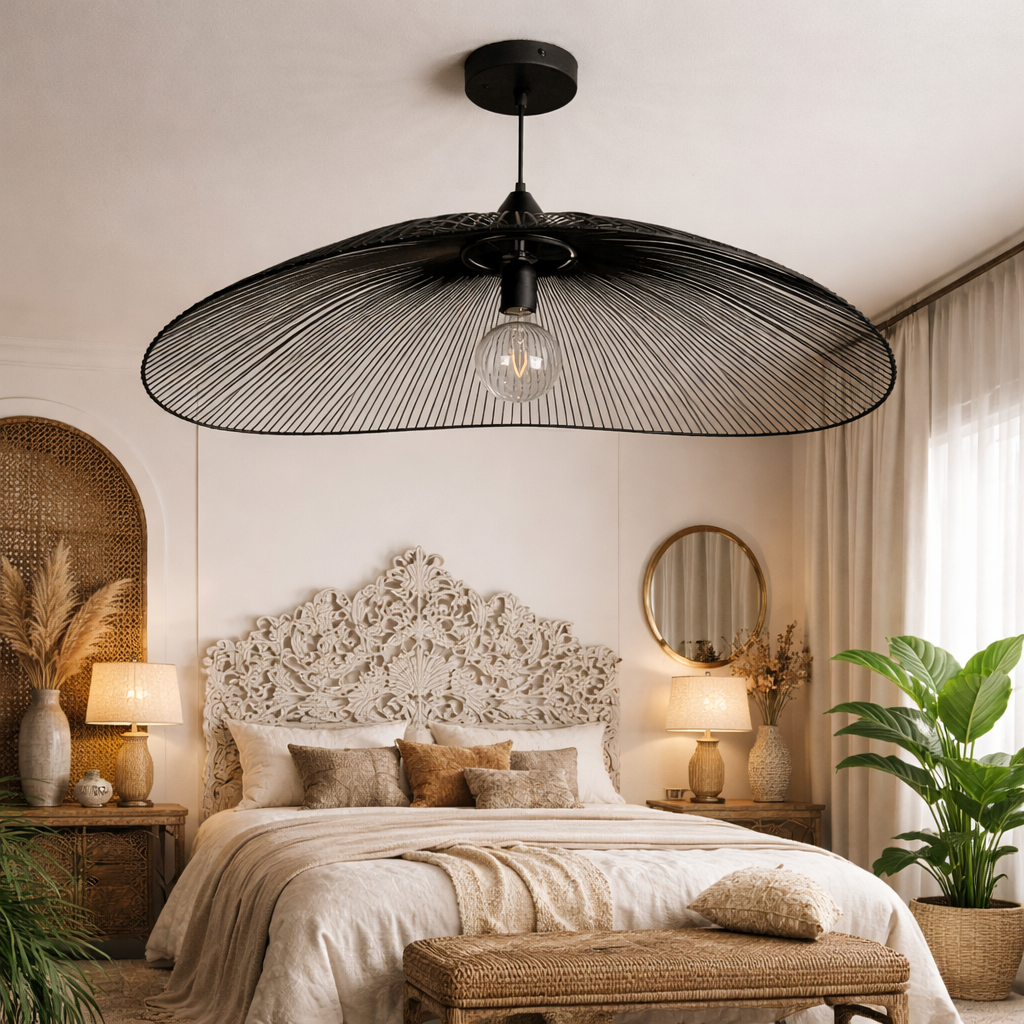 Modern Black Light Pendant Decorative Shade with Curved raffia Ceiling Lighting | WL-1q