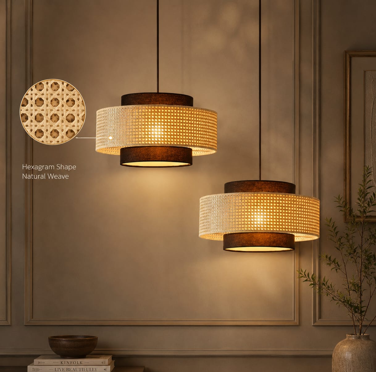Hexagon cane webbing pendant lamp for hotel