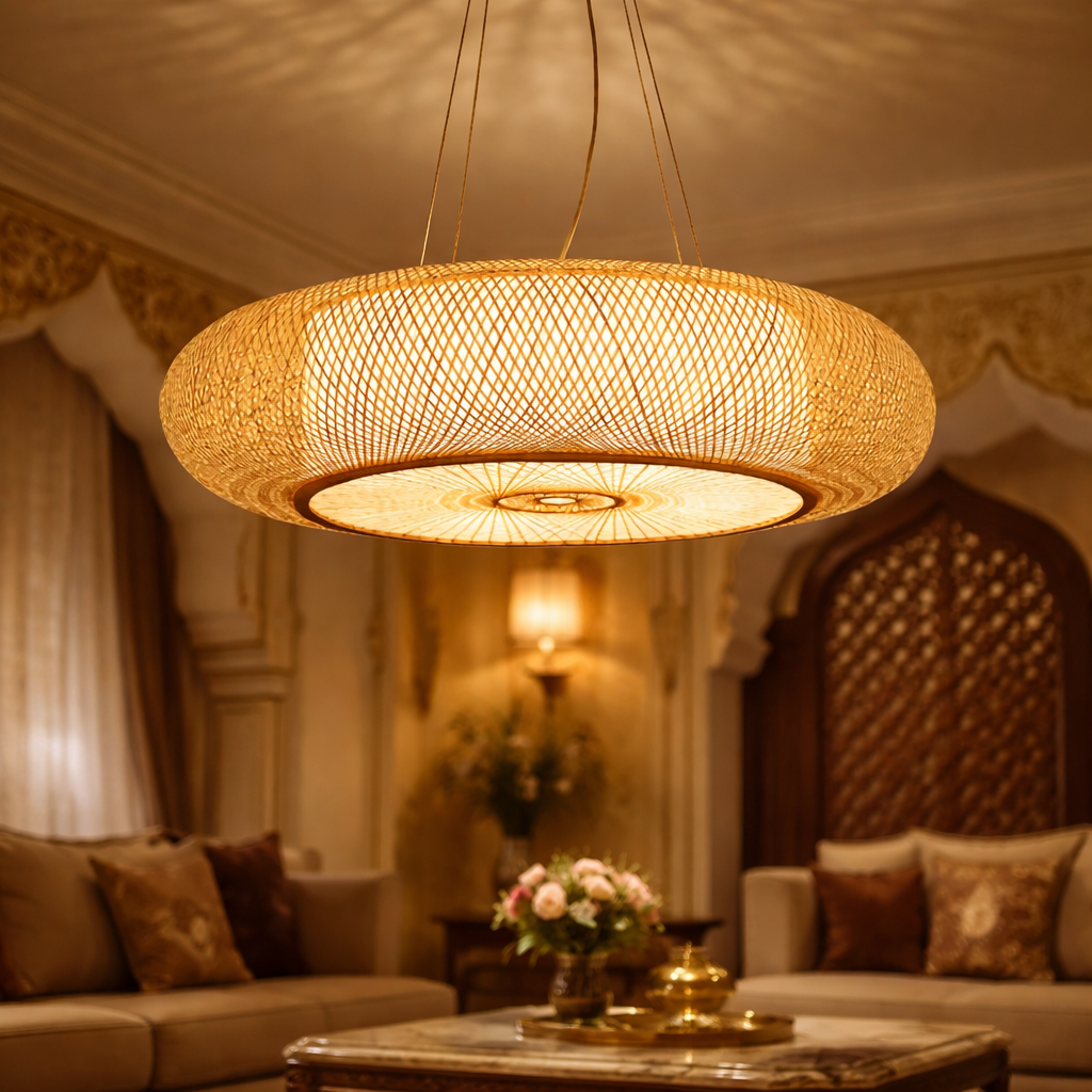 Rustic Bamboo Round Ceiling Lamp for Restaurant & Cafe