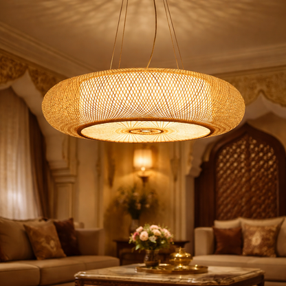Rustic Bamboo Round Ceiling Lamp for Restaurant & Cafe