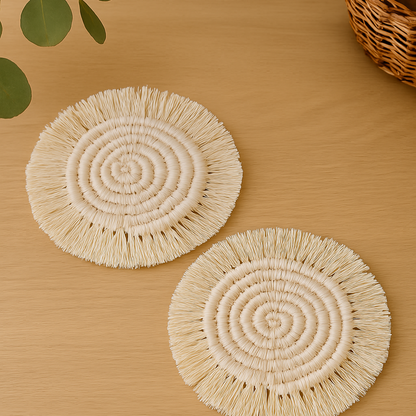 Cups Set of 2 jute Coasters with tassel
