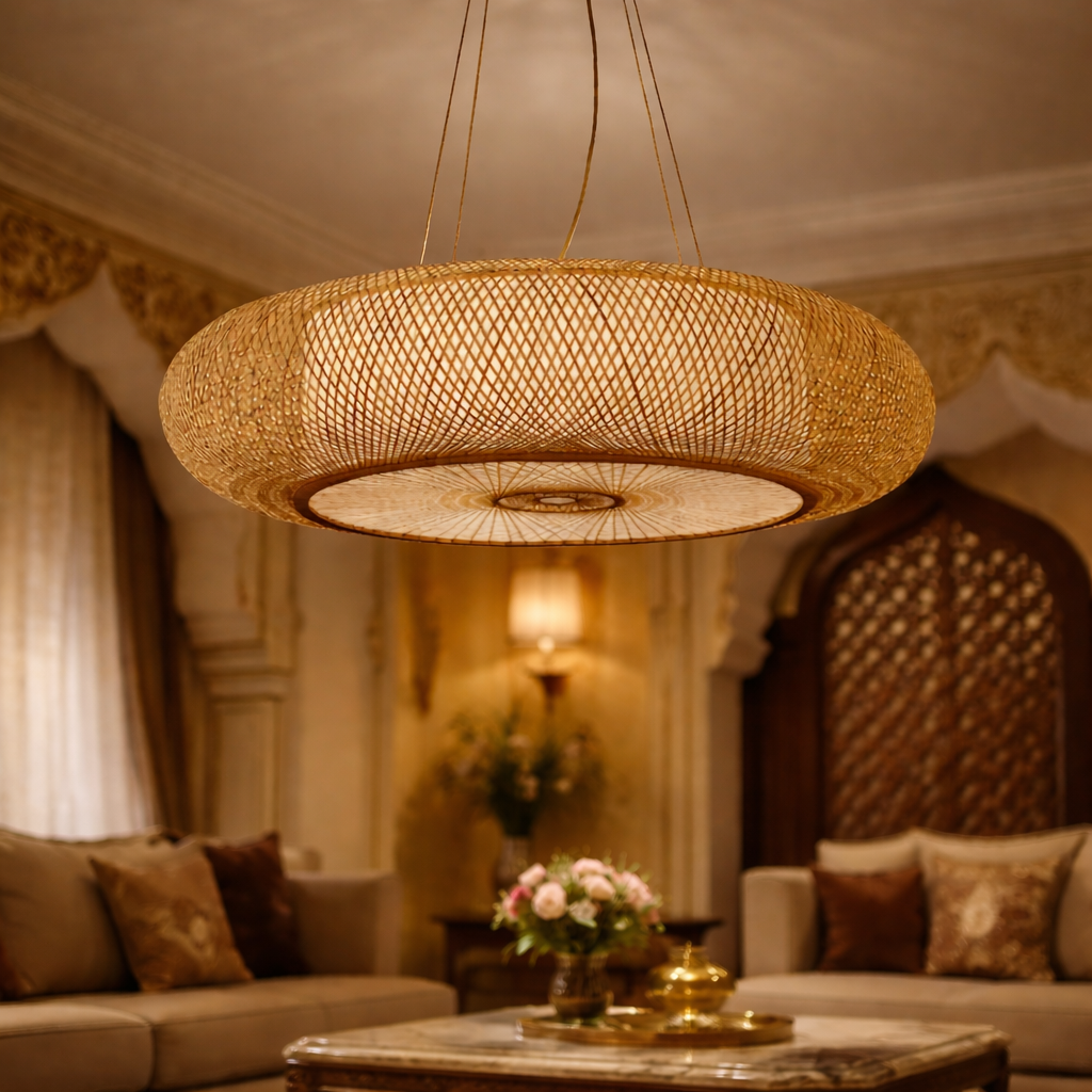 Rustic Bamboo Round Ceiling Lamp for Restaurant & Cafe