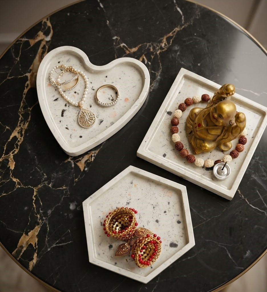 4 Piece Combo Premium Terrazzo Vanity & Pooja Tray Set