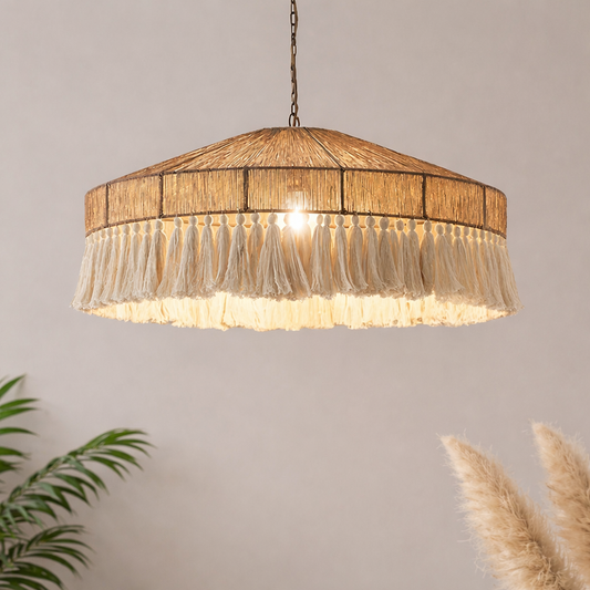 Handmade round Rattan hanging light with Macrame Fringe