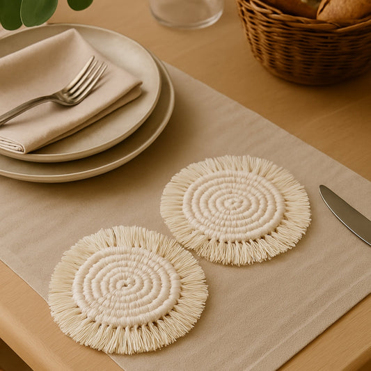 Cups Set of 2 jute Coasters with tassel
