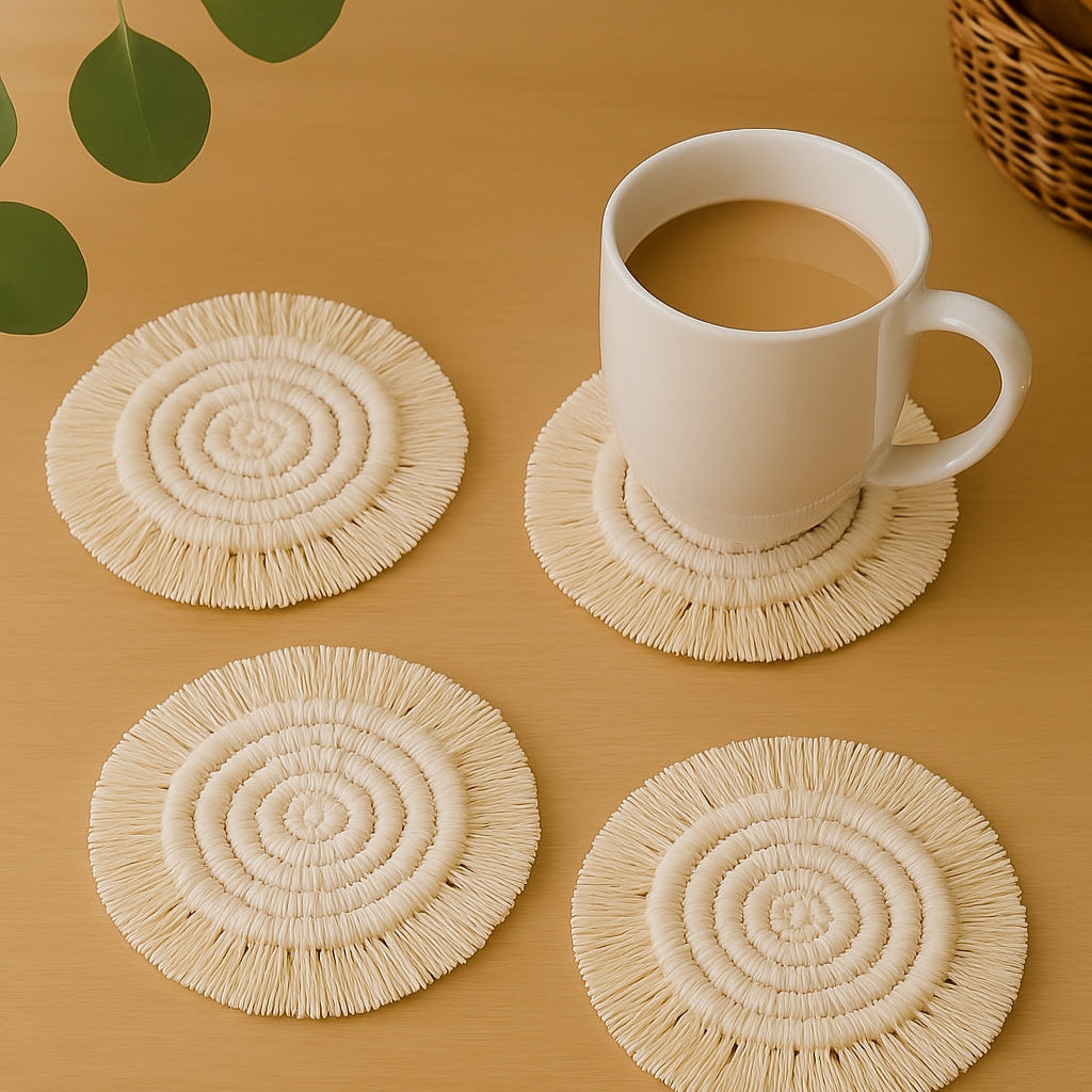 Cups Set of 2 jute Coasters with tassel