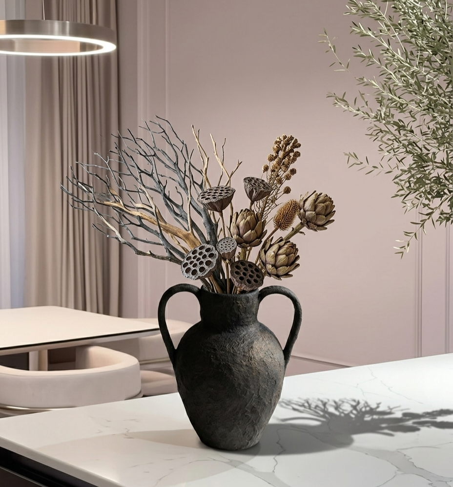 Charcoal Twin-Handle Sculptural Papier Mache Amphora Vase