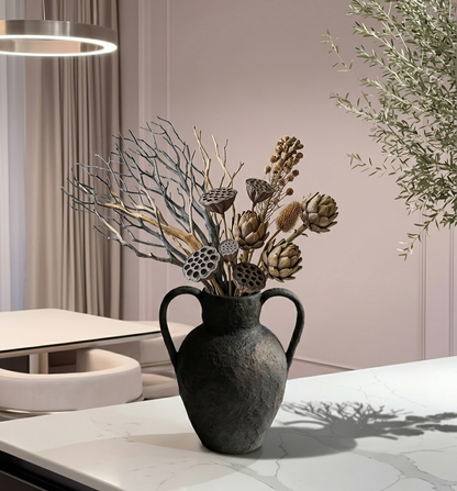 Charcoal Twin-Handle Sculptural Papier Mache Amphora Vase