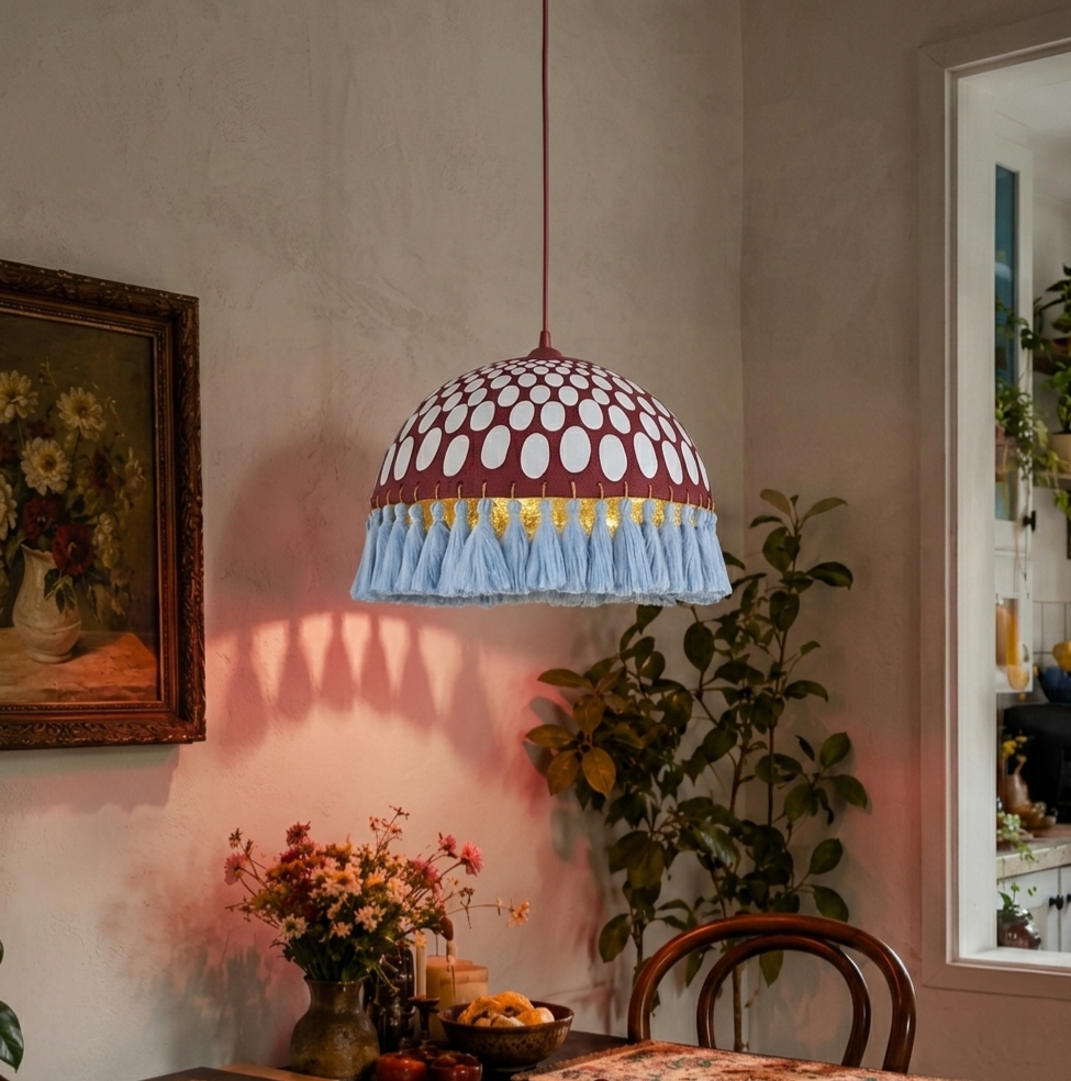 Artisanal Papier-Mache Dome Pendant Light with Silk Tassel Fringe