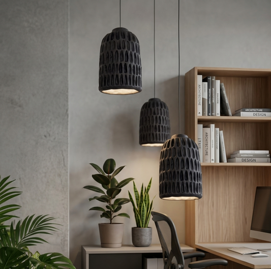 Handcrafted Charcoal Papier-Mache Pendant Light Fluted Dome Ceiling Lamp