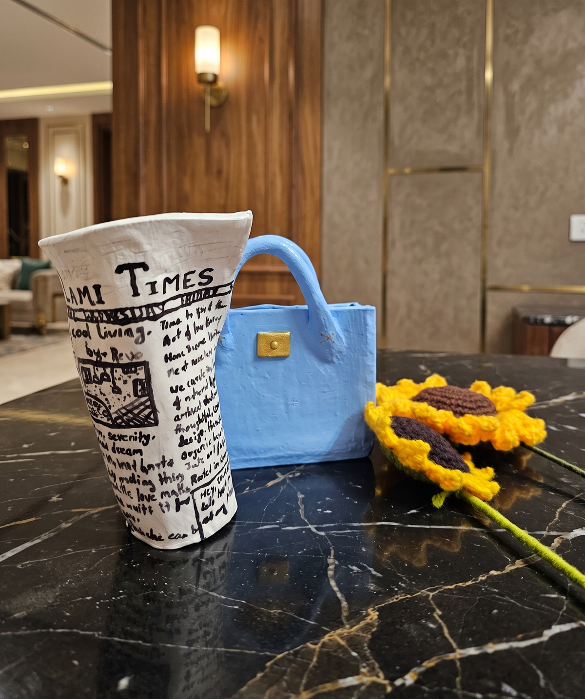 Aesthetic Handbag Showpiece and Newspaper Print Vase Living Room Decor