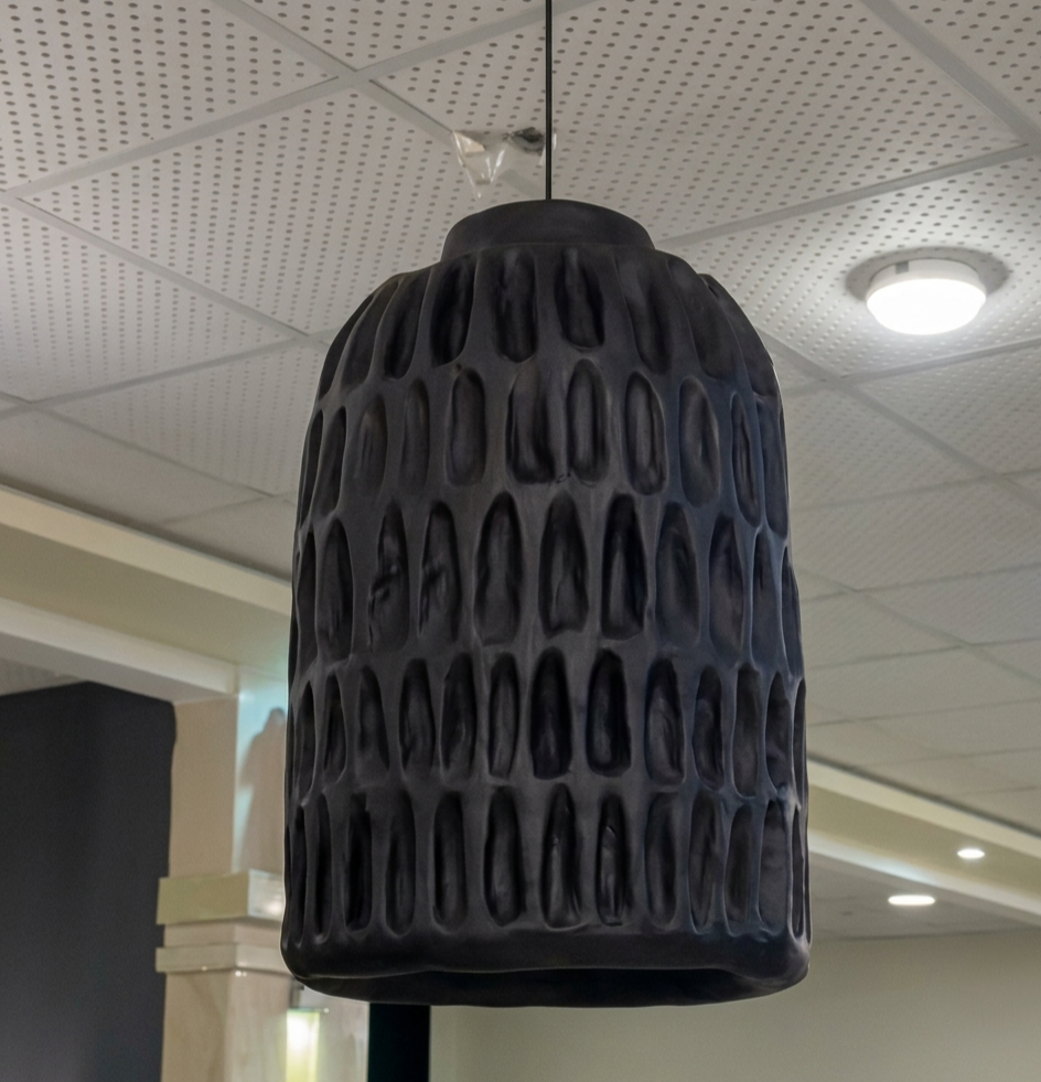 Handcrafted Charcoal Papier-Mache Pendant Light Fluted Dome Ceiling Lamp