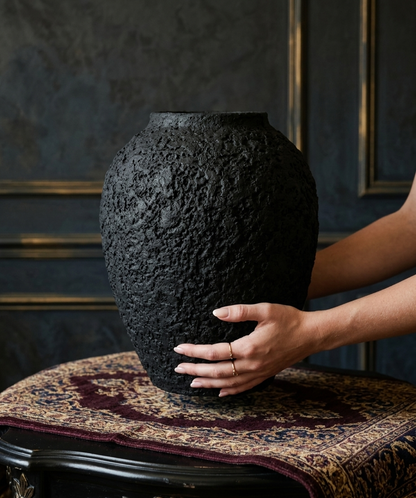 Handcrafted Luxury Matte Black Textured Statement Vase for Living Room & Home Decor
