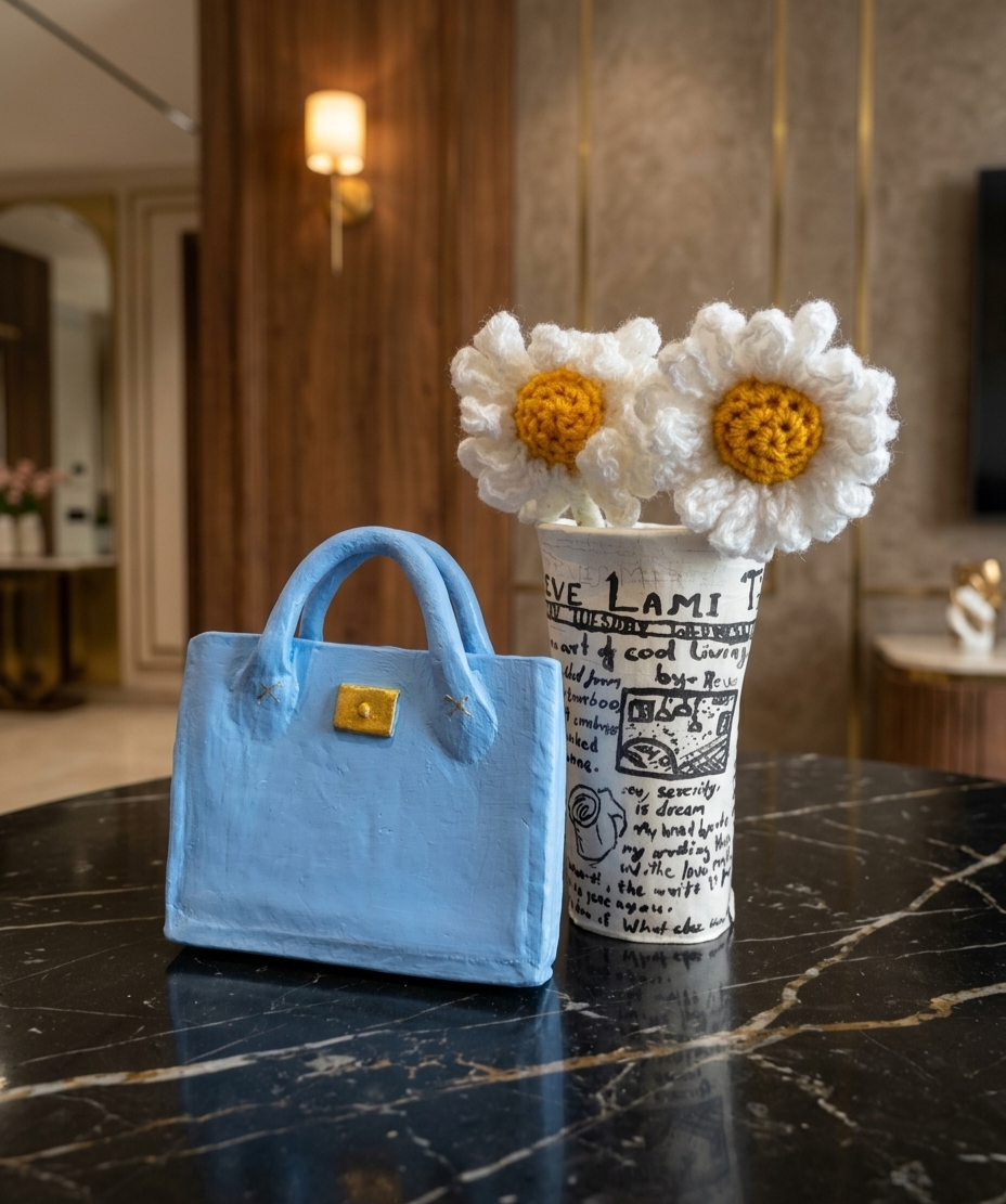 Aesthetic Handbag Showpiece and Newspaper Print Vase Living Room Decor