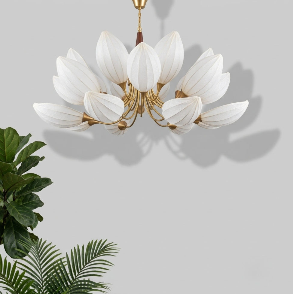 The Bloom Statement Pendant Sculptural White Fabric Lotus Ceiling Light in Satin Gold Finish