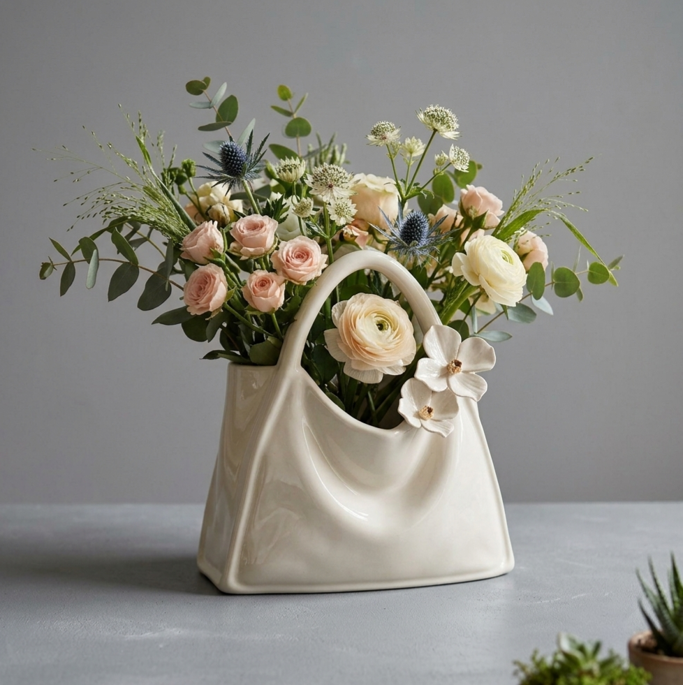 Handcrafted Handbag Flower Vase | Glossy Ivory Table Centerpiece