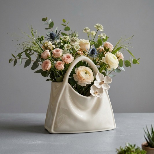 Handcrafted Handbag Flower Vase | Glossy Ivory Table Centerpiece