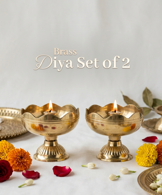 Handcrafted Royal Brass Lotus Diya Set of 2 | Traditional Tabletop Oil Lamps