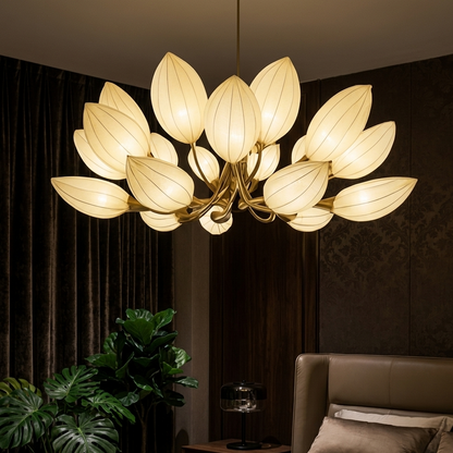 The Bloom Statement Pendant Sculptural White Fabric Lotus Ceiling Light in Satin Gold Finish