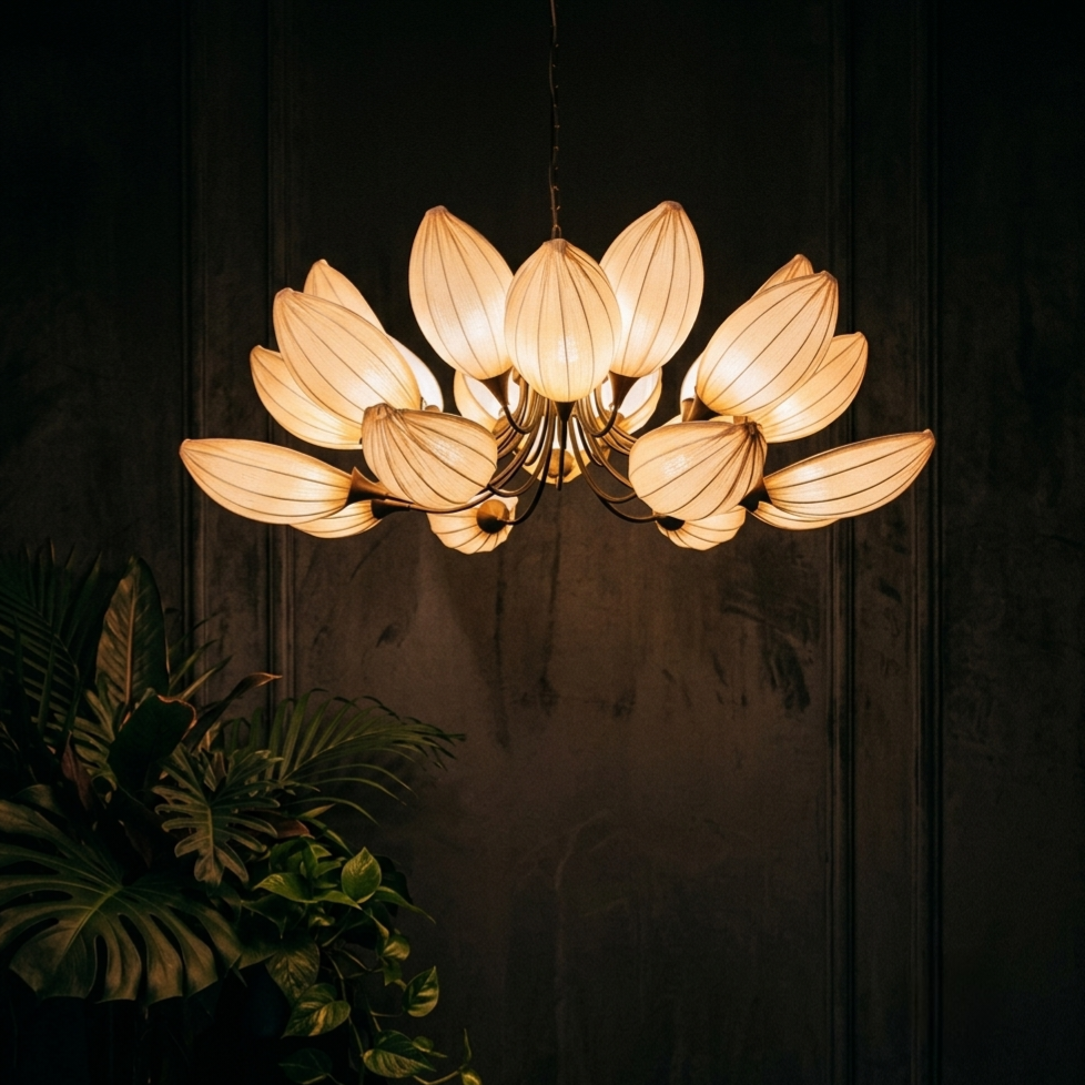 The Bloom Statement Pendant Sculptural White Fabric Lotus Ceiling Light in Satin Gold Finish