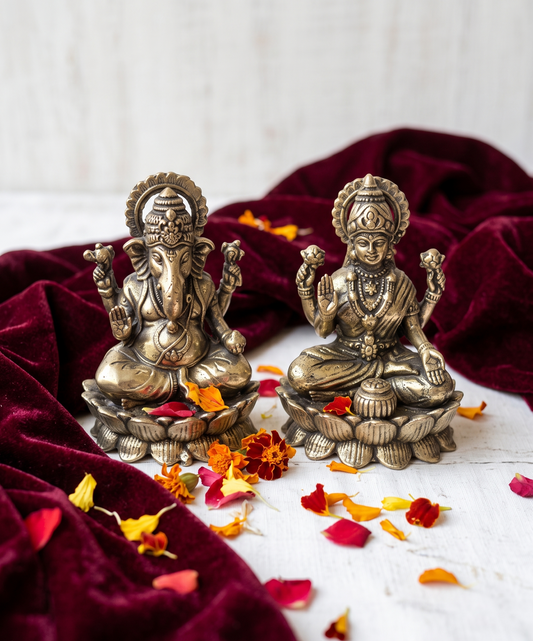 Handcrafted Pure Brass Lakshmi Ganesha Idol for your space.