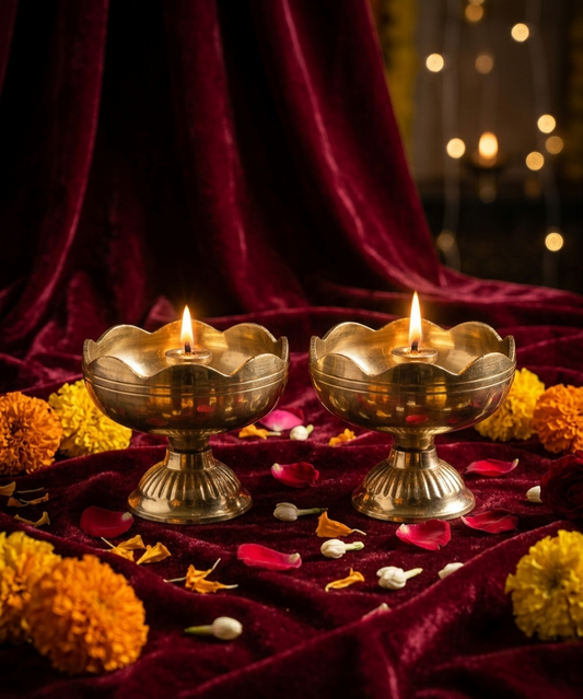 Handcrafted Royal Brass Lotus Diya Set of 2 | Traditional Tabletop Oil Lamps