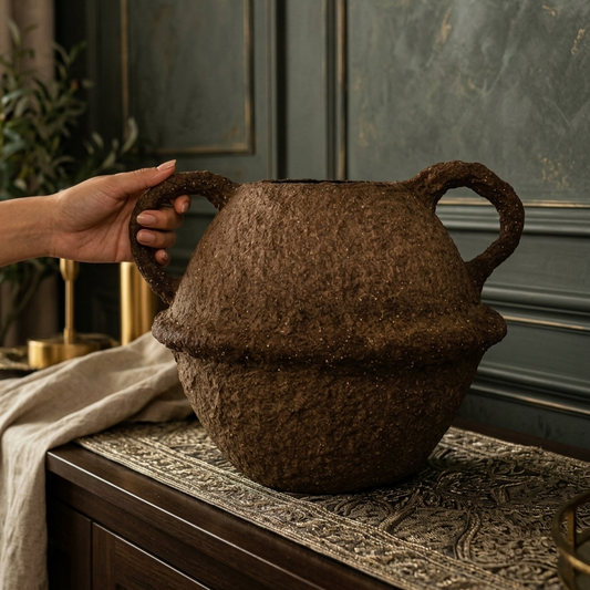 Rustic Amphora Sculptural Vase with Handles for Home Decor & Living Room Centerpiece