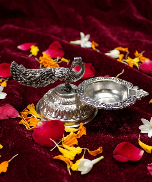 Silver Plated Brass Peacock Diya for Puja & Festive Decor | Handcrafted Mayur Oil Lamp