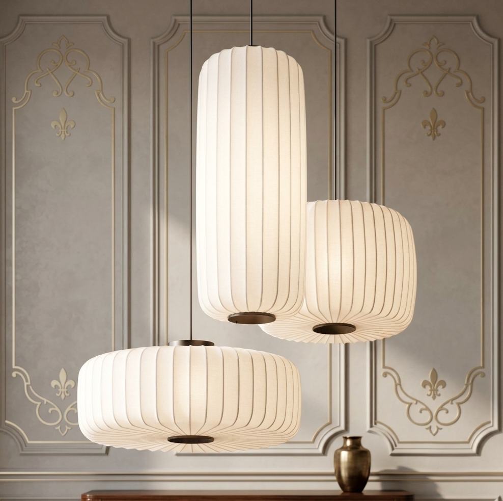 Set of 3 minimalist Ribbed Fabric Pendant Hanging Lamps
