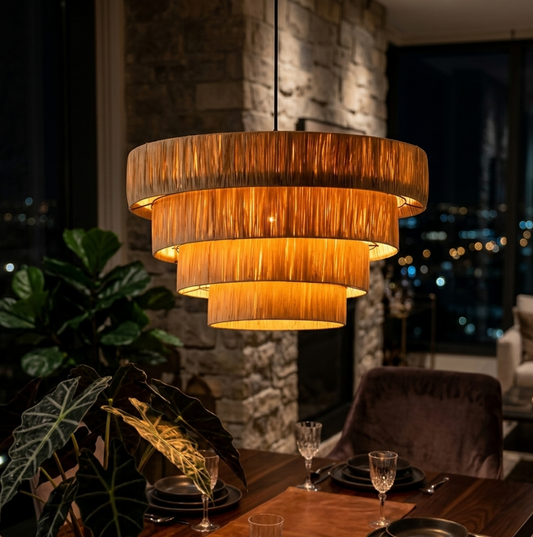Handcrafted Multi-Tiered Natural Raffia Statement Pendant Light