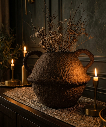 Rustic Amphora Sculptural Vase with Handles for Home Decor & Living Room Centerpiece