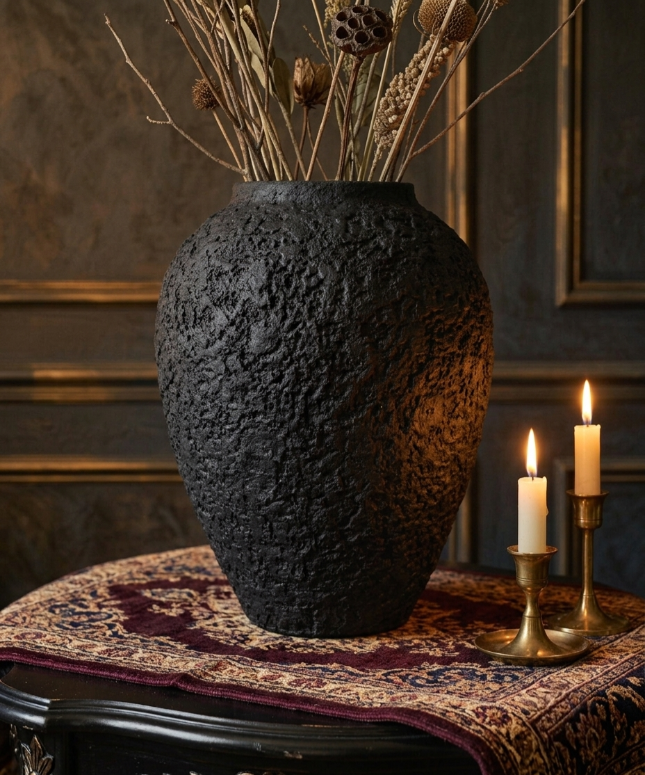 Handcrafted Luxury Matte Black Textured Statement Vase for Living Room & Home Decor