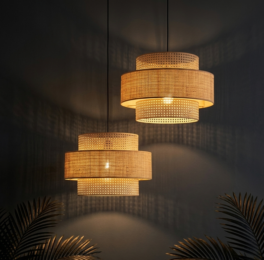 Hexagon cane Webbing Ceiling Lamp| lights for cafés and resorts